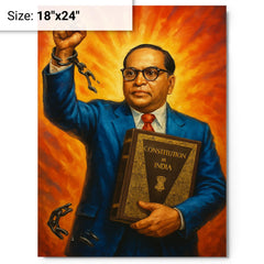Bhimrao Ambedkar with Constitution and broken caste chains metal print on a plain backdrop in size 18"x24".