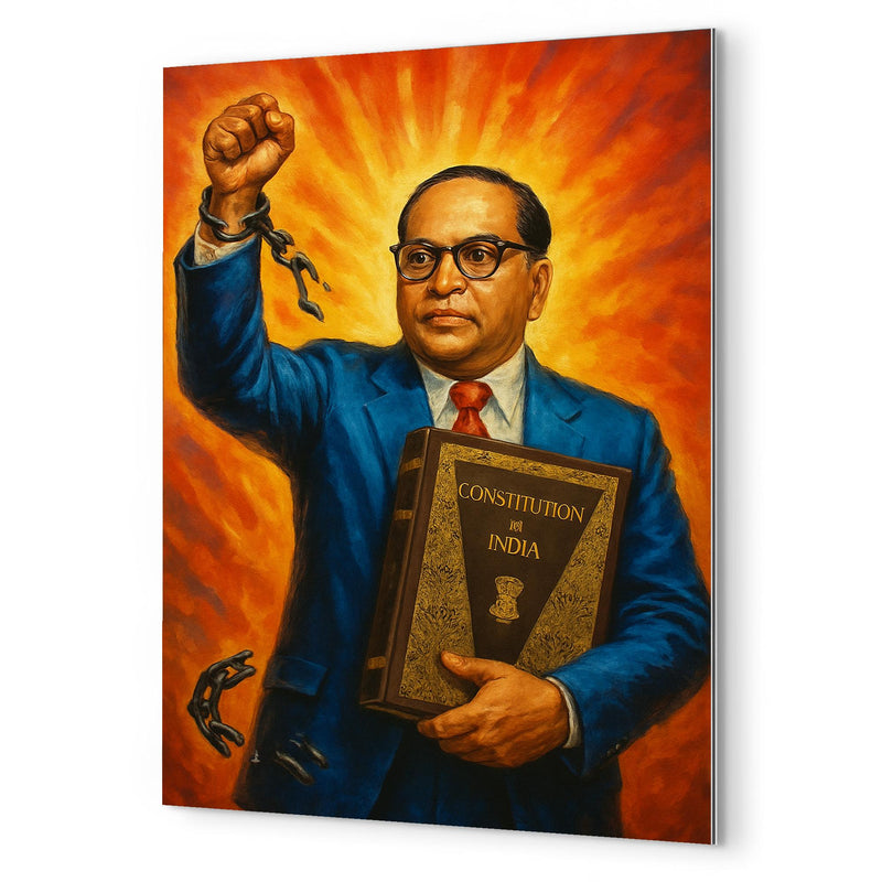 Bhimrao Ambedkar with Constitution and broken caste chains metal print mockup