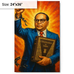 Bhimrao Ambedkar with Constitution and broken caste chains metal print on a plain backdrop in size 24"x36".