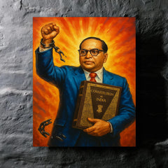 Bhimrao Ambedkar with Constitution and broken caste chains metal print mockup