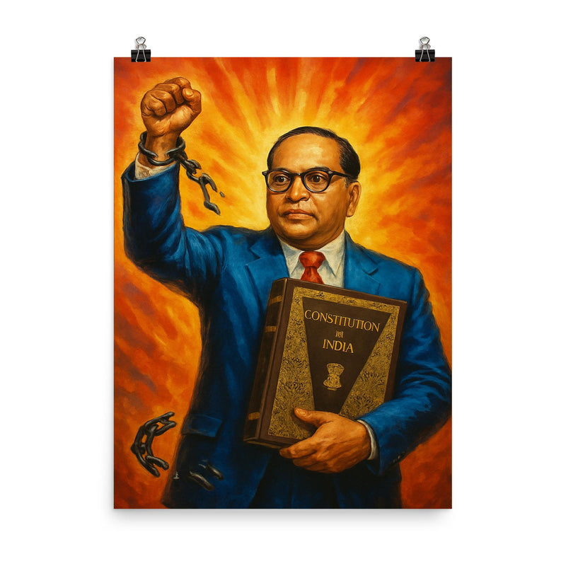Bhimrao Ambedkar with Constitution and broken caste chains poster on a plain backdrop in size 8