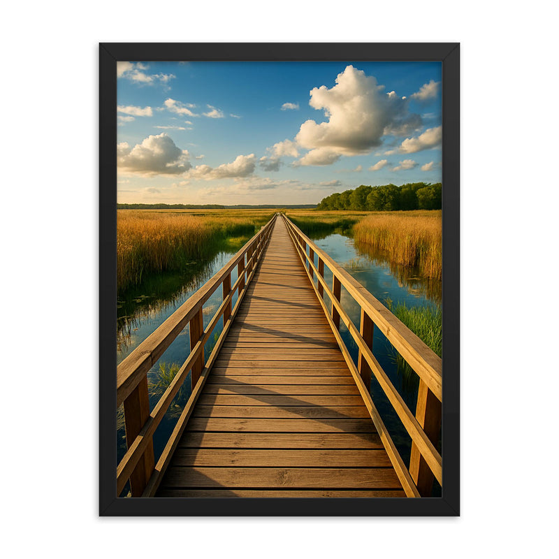Biebrza Marshes Boardwalk Poland framed print on a plain backdrop in size 18