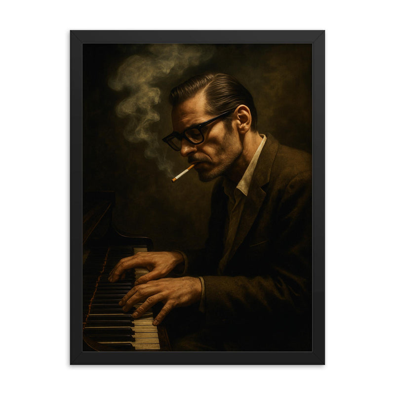 Bill Evans cigarette haze at the keys framed print on a plain backdrop in size 18
