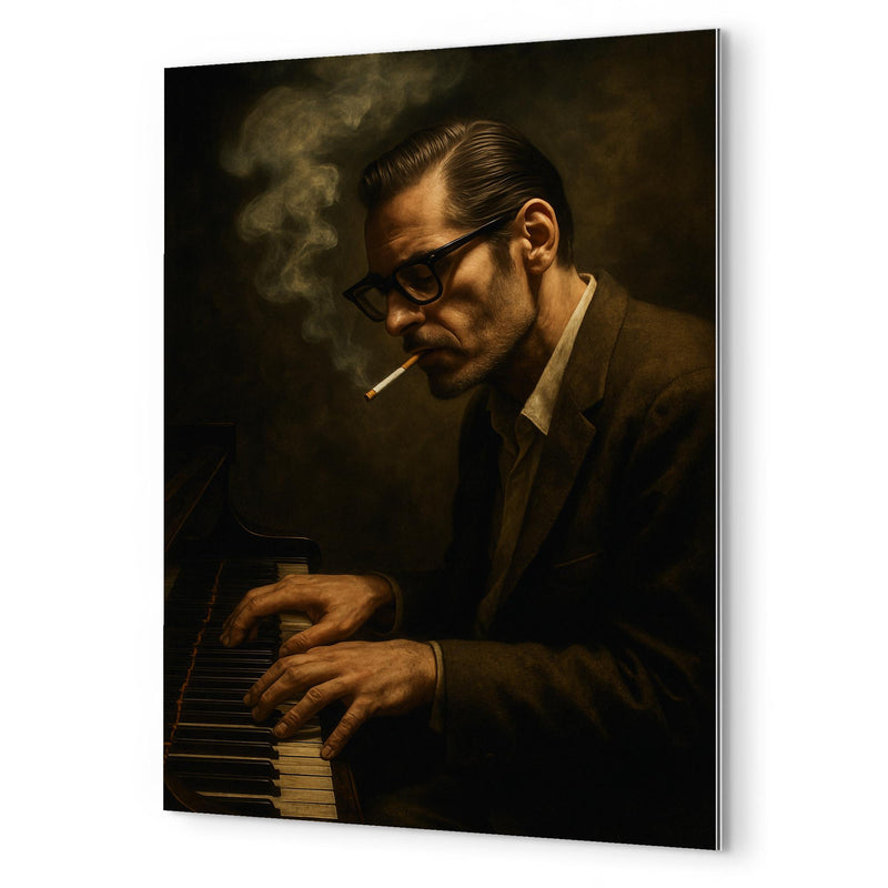 Bill Evans cigarette haze at the keys metal print mockup