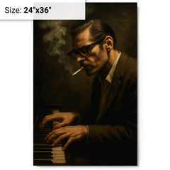 Bill Evans cigarette haze at the keys metal print on a plain backdrop in size 24"x36".