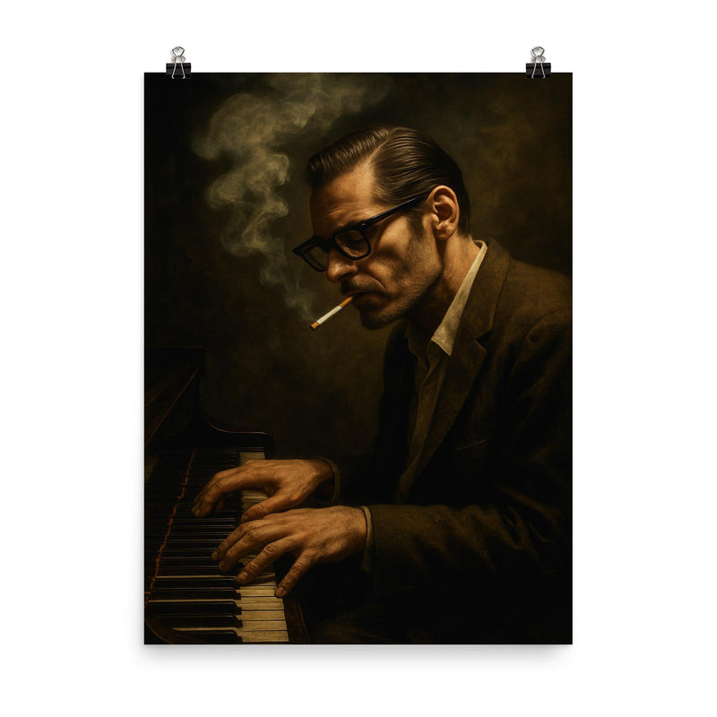 Bill Evans cigarette haze at the keys poster on a plain backdrop in size 8