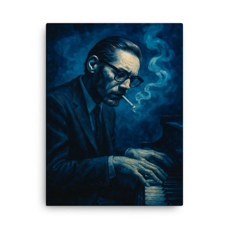 Bill Evans in blue cigarette haze canvas print on a plain backdrop in size 18