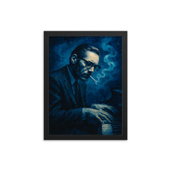 Bill Evans in blue cigarette haze framed print on a plain backdrop in size 12"x16".