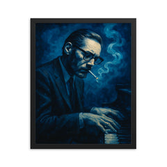 Bill Evans in blue cigarette haze framed print on a plain backdrop in size 16"x20".