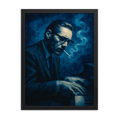 Bill Evans in blue cigarette haze framed print on a plain backdrop in size 18"x24".