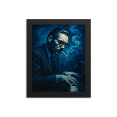 Bill Evans in blue cigarette haze framed print on a plain backdrop in size 8"x10".
