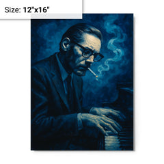 Bill Evans in blue cigarette haze metal print on a plain backdrop in size 12"x16".