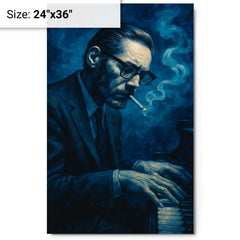 Bill Evans in blue cigarette haze metal print on a plain backdrop in size 24"x36".