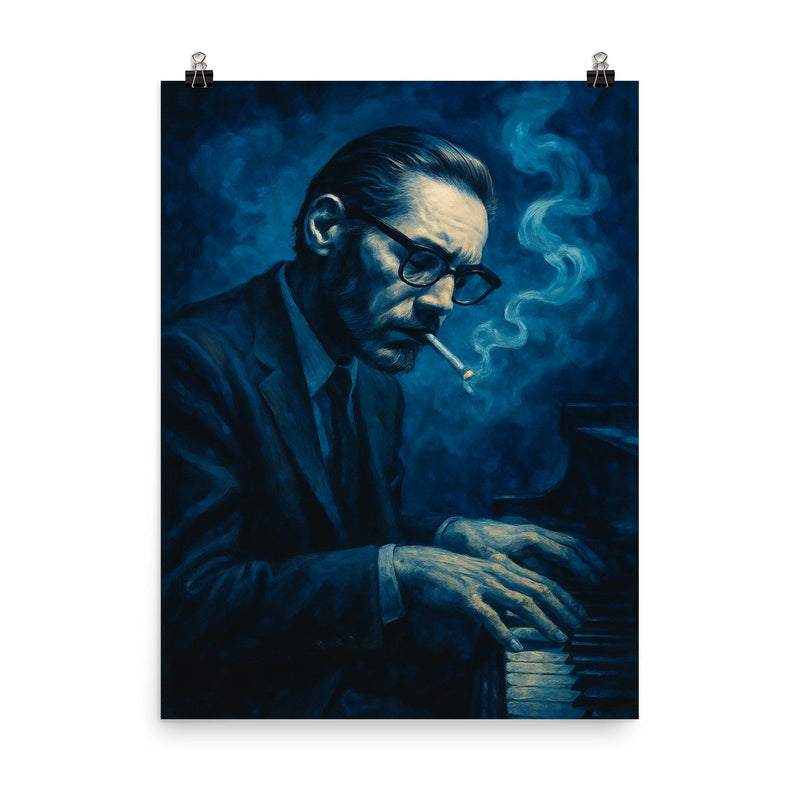 Bill Evans in blue cigarette haze poster on a plain backdrop in size 8