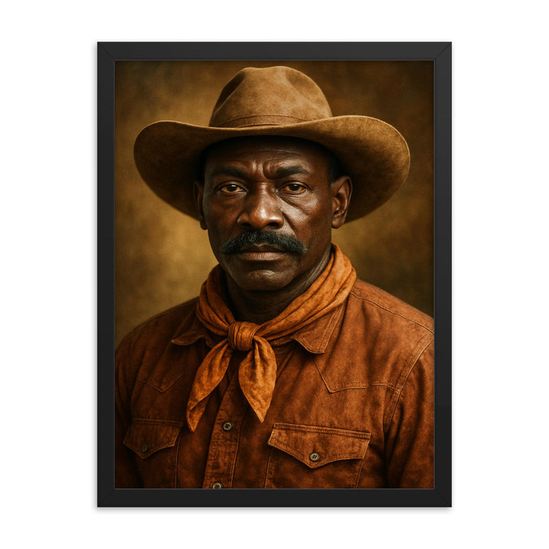 Bill Pickett portrait framed print on a plain backdrop in size 18