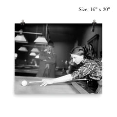 Billiards champ - a female champion billiards player lines up a shot, 1910 poster 2