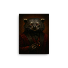 Binturong crime boss in velvet smoking jacket canvas print on a plain backdrop in size 12"x16".