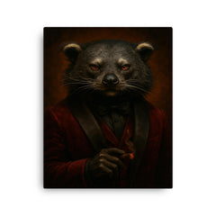 Binturong crime boss in velvet smoking jacket canvas print on a plain backdrop in size 16"x20".