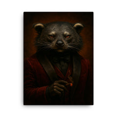Binturong crime boss in velvet smoking jacket canvas print on a plain backdrop in size 18"x24".