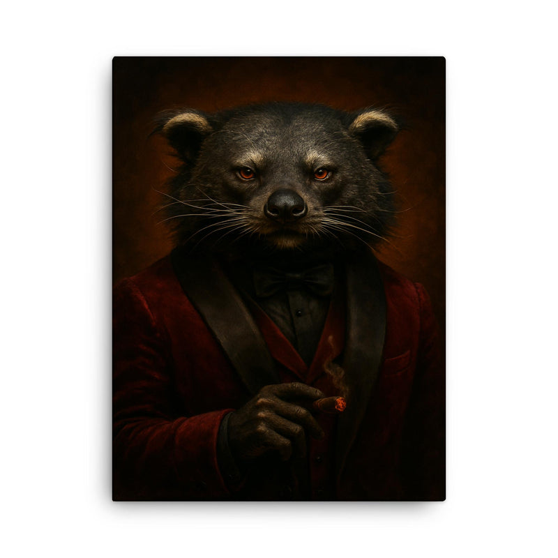 Binturong crime boss in velvet smoking jacket canvas print on a plain backdrop in size 18