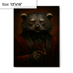Binturong crime boss in velvet smoking jacket metal print on a plain backdrop in size 12"x16".