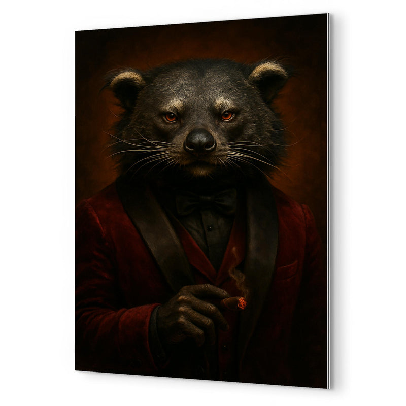 Binturong crime boss in velvet smoking jacket metal print mockup