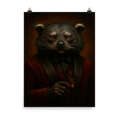 Binturong crime boss in velvet smoking jacket poster on a plain backdrop in size 8"x10".