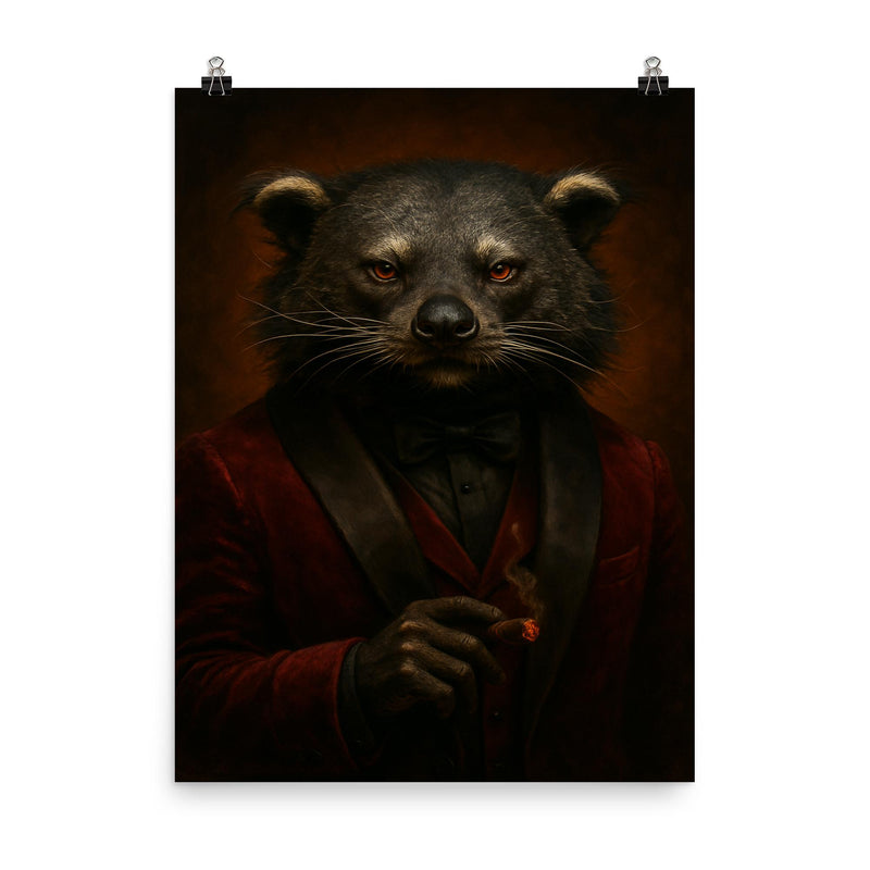 Binturong crime boss in velvet smoking jacket poster on a plain backdrop in size 8