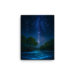 Bioluminescent mangrove lagoon under meteor shower canvas print on a plain backdrop in size 12"x16".