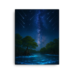 Bioluminescent mangrove lagoon under meteor shower canvas print on a plain backdrop in size 16"x20".