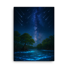 Bioluminescent mangrove lagoon under meteor shower canvas print on a plain backdrop in size 18"x24".