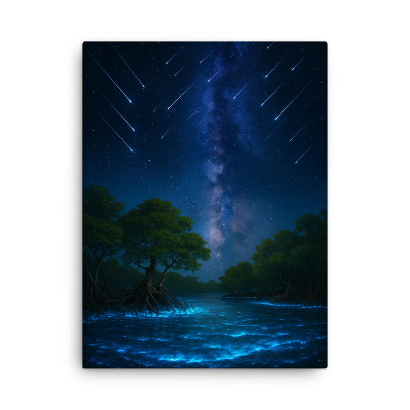 Bioluminescent mangrove lagoon under meteor shower canvas print on a plain backdrop in size 18
