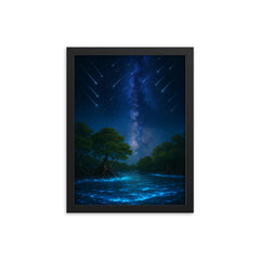 Bioluminescent mangrove lagoon under meteor shower framed print on a plain backdrop in size 12"x16".