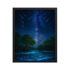 Bioluminescent mangrove lagoon under meteor shower framed print on a plain backdrop in size 16"x20".