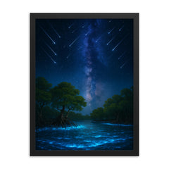 Bioluminescent mangrove lagoon under meteor shower framed print on a plain backdrop in size 18"x24".
