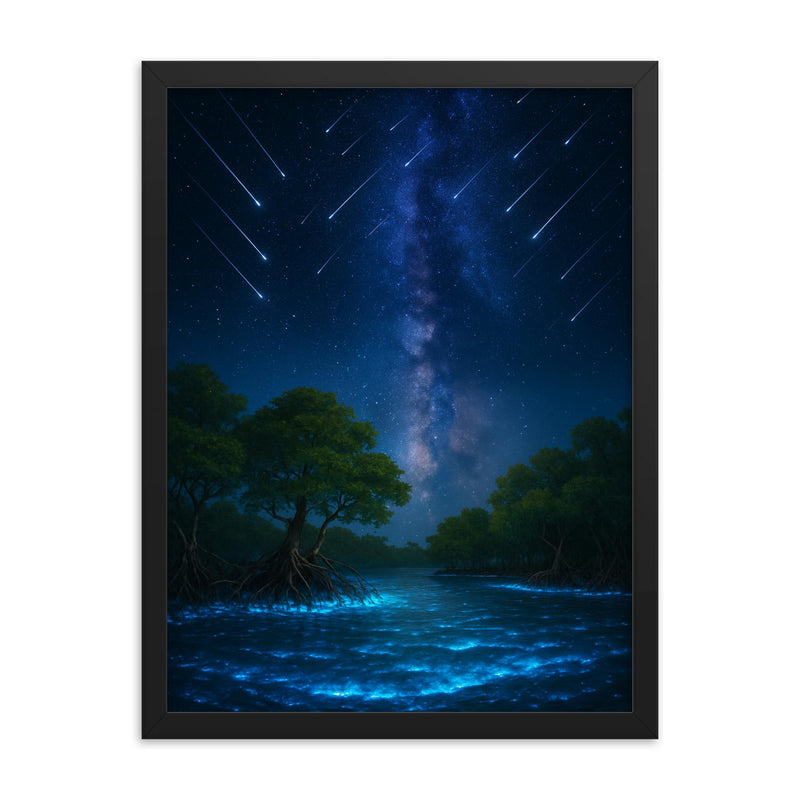 Bioluminescent mangrove lagoon under meteor shower framed print on a plain backdrop in size 18