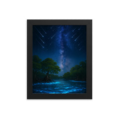 Bioluminescent mangrove lagoon under meteor shower framed print on a plain backdrop in size 8"x10".