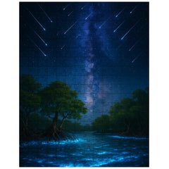 Bioluminescent mangrove lagoon under meteor shower jigsaw puzzle