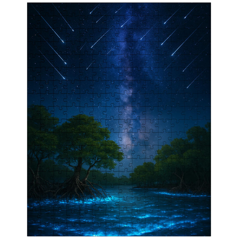 Bioluminescent mangrove lagoon under meteor shower jigsaw puzzle