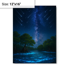 Bioluminescent mangrove lagoon under meteor shower metal print on a plain backdrop in size 12"x16".