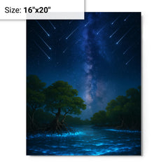 Bioluminescent mangrove lagoon under meteor shower metal print on a plain backdrop in size 16"x20".