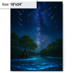 Bioluminescent mangrove lagoon under meteor shower metal print on a plain backdrop in size 18"x24".