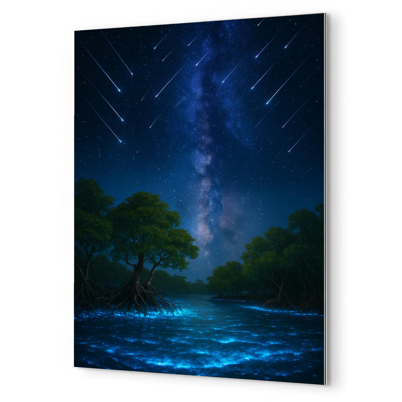 Bioluminescent mangrove lagoon under meteor shower metal print mockup