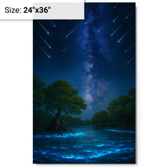 Bioluminescent mangrove lagoon under meteor shower metal print on a plain backdrop in size 24"x36".