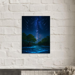 Bioluminescent mangrove lagoon under meteor shower metal print mockup