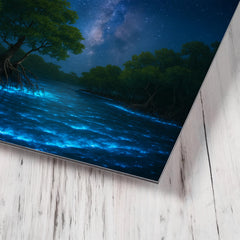 Bioluminescent mangrove lagoon under meteor shower metal print mockup