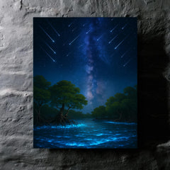 Bioluminescent mangrove lagoon under meteor shower metal print mockup