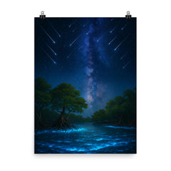 Bioluminescent mangrove lagoon under meteor shower poster on a plain backdrop in size 8"x10".