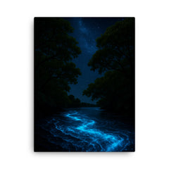 Bioluminescent Mosquito Bay under black mangroves canvas print on a plain backdrop in size 18"x24".
