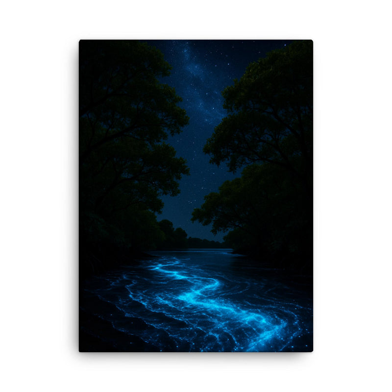 Bioluminescent Mosquito Bay under black mangroves canvas print on a plain backdrop in size 18